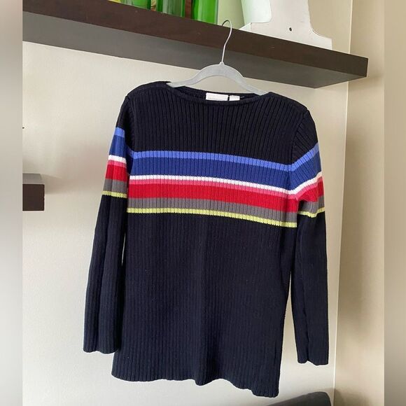 Vintage Liz Claiborne Black Striped Rainbow Crewneck Sweater Size Medium - Picture 1 of 6